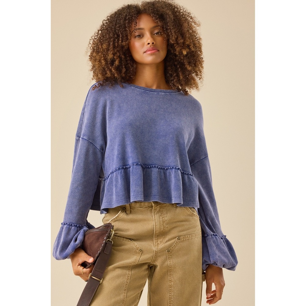 Altar'd State Blue Ribbed Ruffle Hem Long Sleeve Top Size Medium